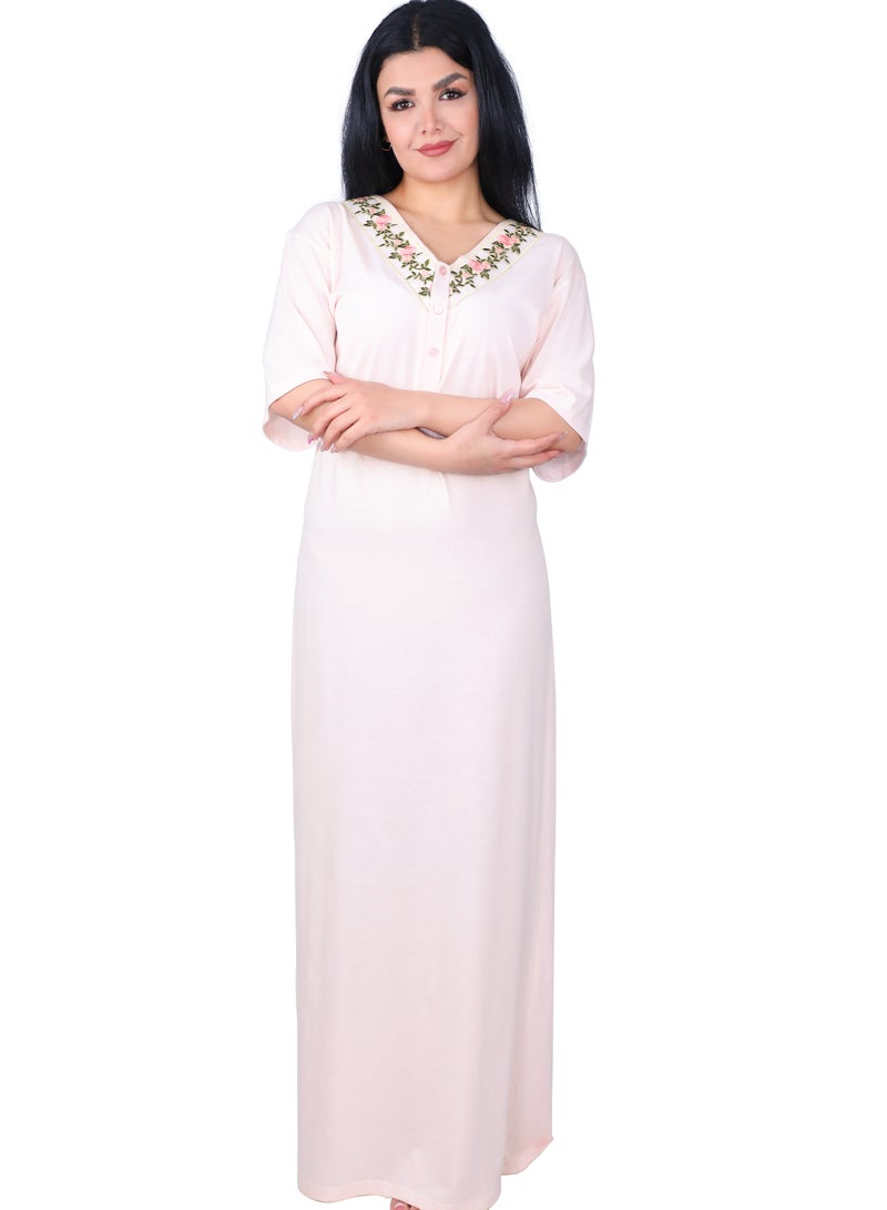 Dadoush Women's long nightgown with short sleeves and a beautiful floral print collar for a stylish home summer look.  - Image 1