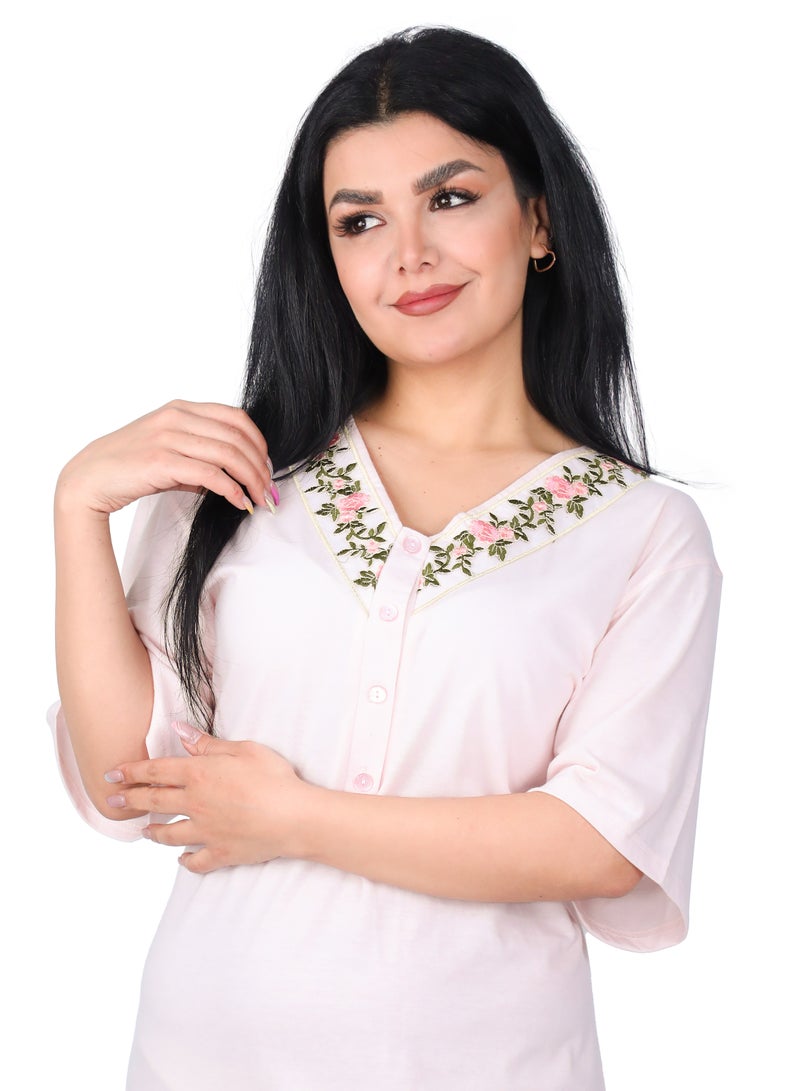 Dadoush Women's long nightgown with short sleeves and a beautiful floral print collar for a stylish home summer look.  - Image 2