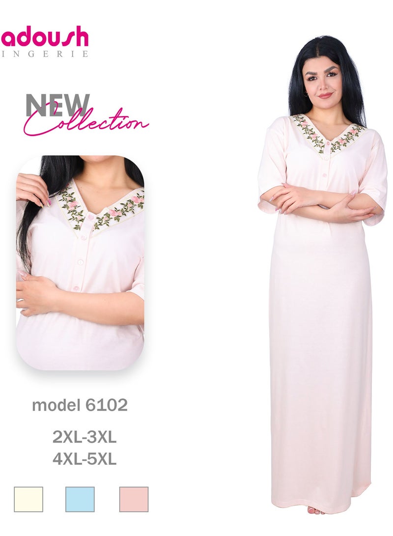 Dadoush Women's long nightgown with short sleeves and a beautiful floral print collar for a stylish home summer look.  - Image 3