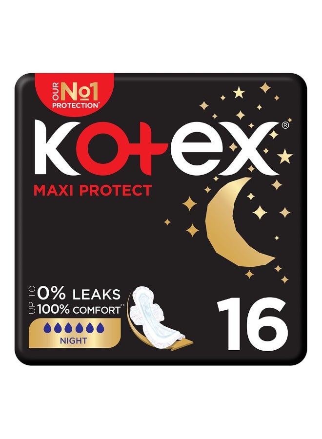 Kotex فوط صحية ماكسي بروتكت سميكة مع أجنحة للحماية الليلية، عبوة من 16 قطعة