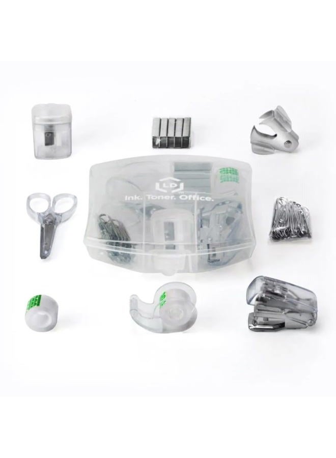 LD Products Clear Mini Office Supply Kit Portable Case with Scissors, Paper Clips, Tape Dispenser, Pencil Sharpener, Stapler & Staple Remover - Image 1