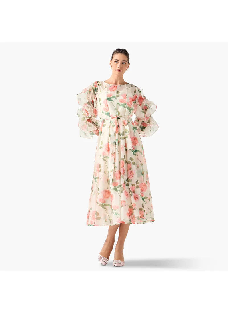 2Xtremz 2Xtremz Floral Print Midi Dress with Ruffle Sleeves and Tie-Up Belt