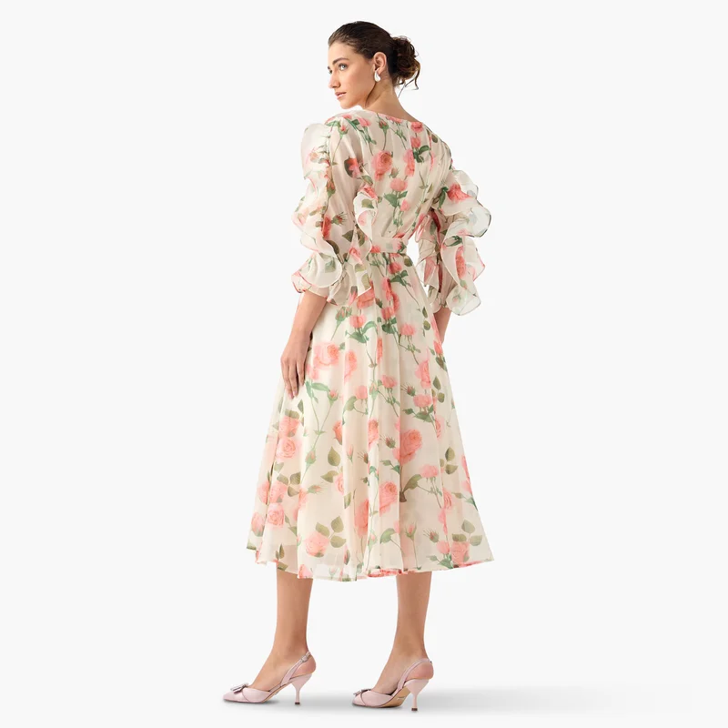 2Xtremz 2Xtremz Floral Print Midi Dress with Ruffle Sleeves and Tie-Up Belt