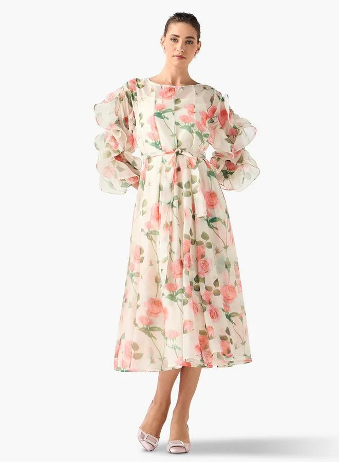 2Xtremz 2Xtremz Floral Print Midi Dress with Ruffle Sleeves and Tie-Up Belt