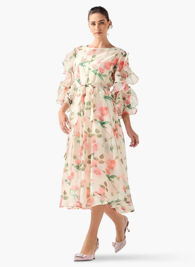 2Xtremz 2Xtremz Floral Print Midi Dress with Ruffle Sleeves and Tie-Up Belt