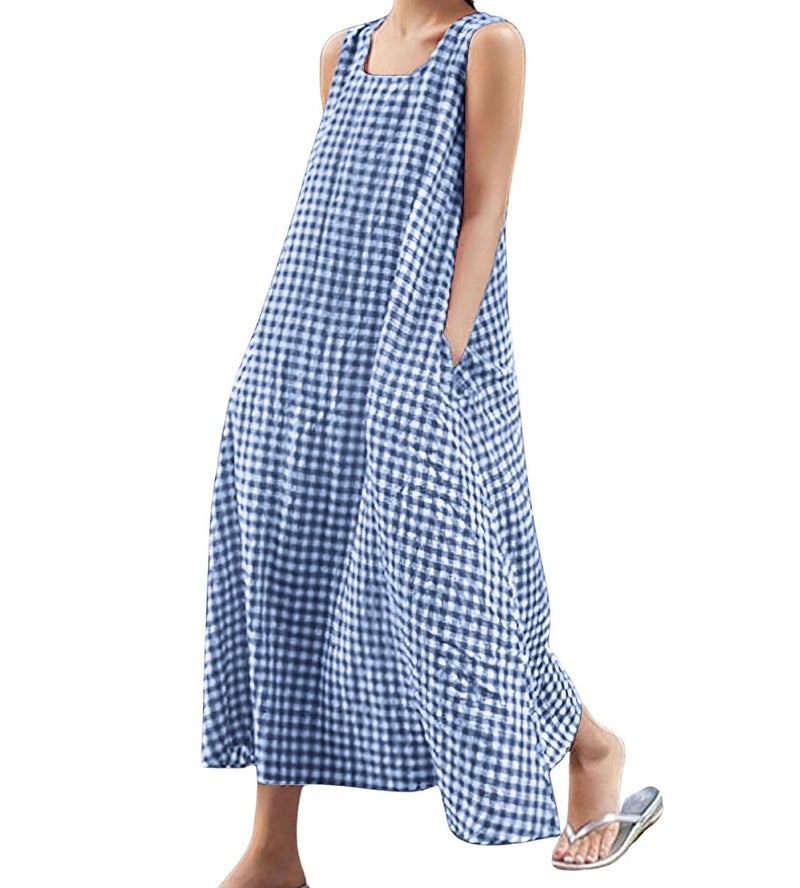 chouyatou Women's Summer Casual Loose-Fit Cotton Plaid Tank Maxi Dress with Pockets Boho Beach Sundress (X-Large, Dark Blue)