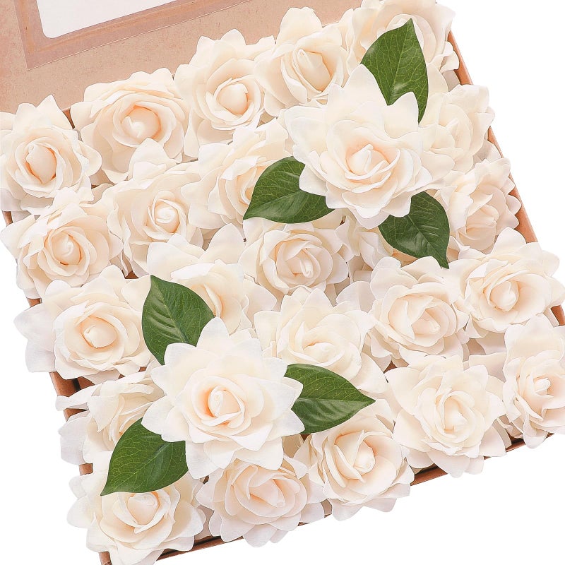 Floroom Artificial Gardenia Flowers 27 25pcs Real Looking Cream Foam Fake Flowers with Stems for DIY Wedding Bouquets Bridal Shower Centerpieces Floral Arrangements Party Tables Home Decorations