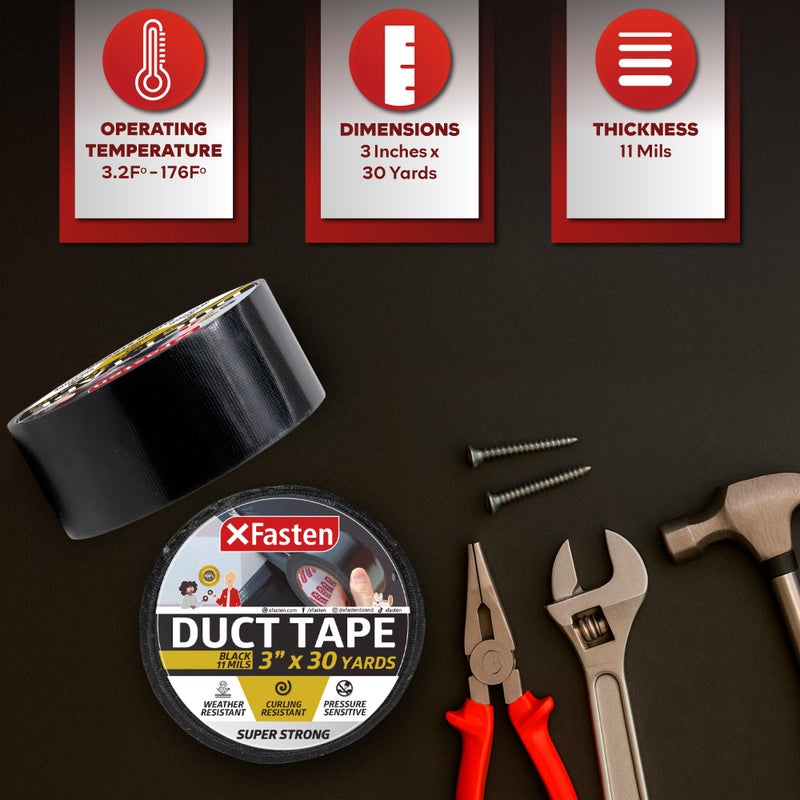 XFasten Super Strength Duct Tape, Black, 3" x 30 Yards, Indoor and Outdoor Duct Tape for School and Industrial Use- Waterproof and Weatherproof - Image 3