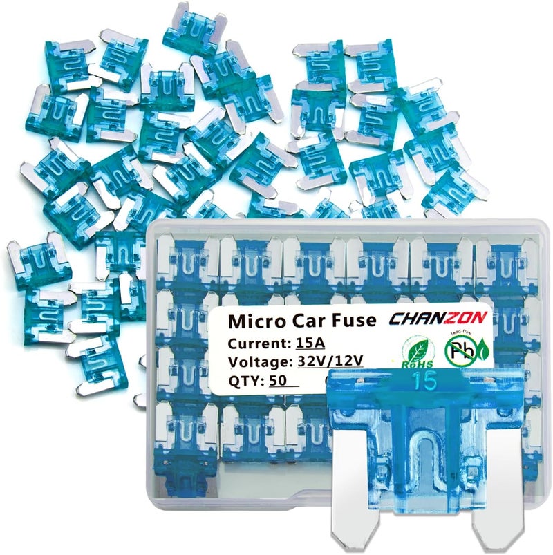 CHANZON 50Pcs 15A Low Profile Mini Micro Blade Fuse 15 Amp 32V Fast Blow Fuses for Automotive Car Truck Vehicle SUV - Image 1