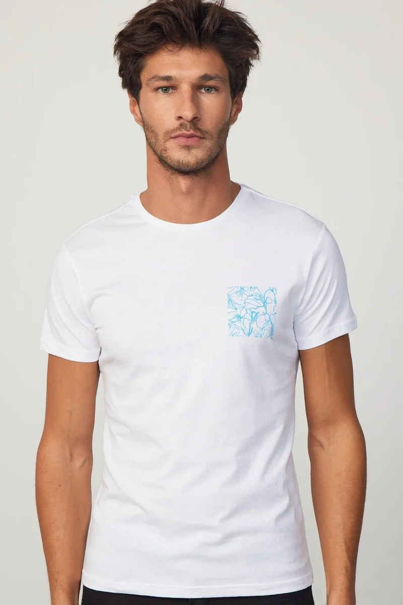 Tudors Men's Slim Fit Narrow Cut 100% Cotton Soft Textured Printed White Crew Neck T-Shirt