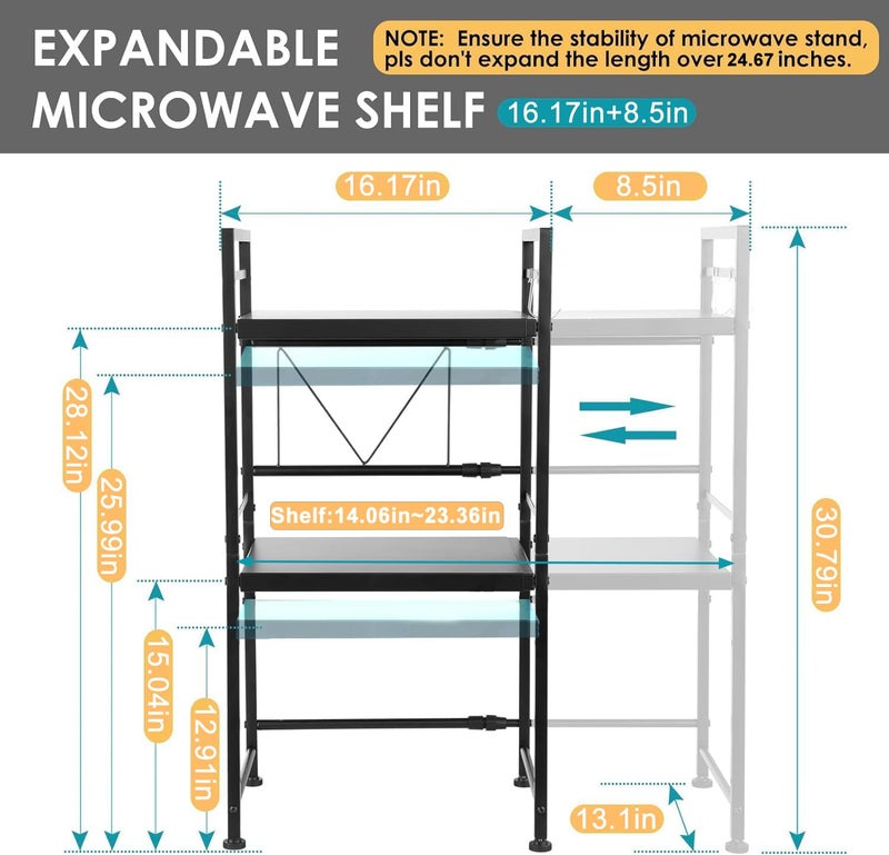 DOLALIKE Microwave Oven Rack, Expandable Microwave Stand Countertop Kitchen Utensils Tableware Storage, Carbon Steel Over Microwave Shelf Countertop with 3 Hooks - Image 2