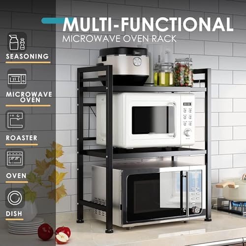 DOLALIKE Microwave Oven Rack, Expandable Microwave Stand Countertop Kitchen Utensils Tableware Storage, Carbon Steel Over Microwave Shelf Countertop with 3 Hooks - Image 3