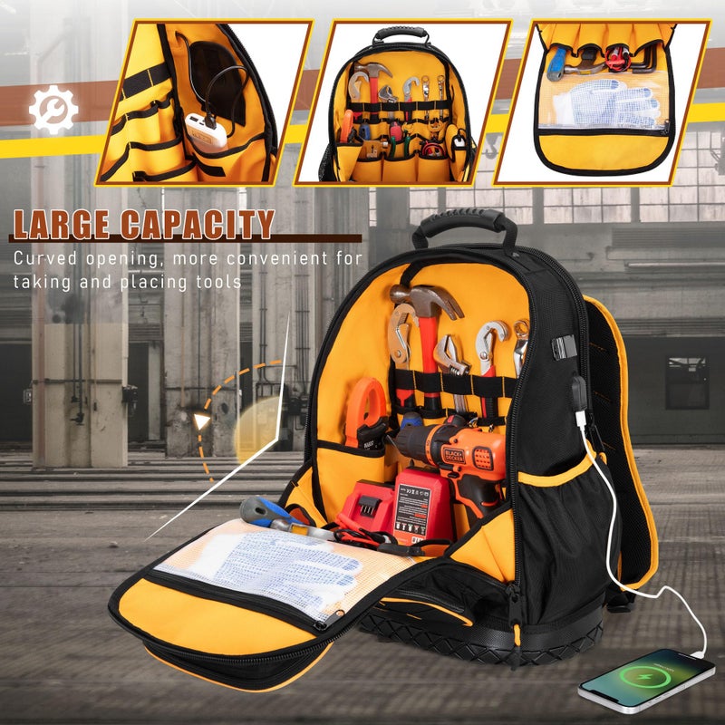 Marscamd Tool Backpack with Hard Bottom and a Tool Pouch, Heavy Duty Tool Bag with Multiple Pockets and Laptop Sleeve, Black - Image 3