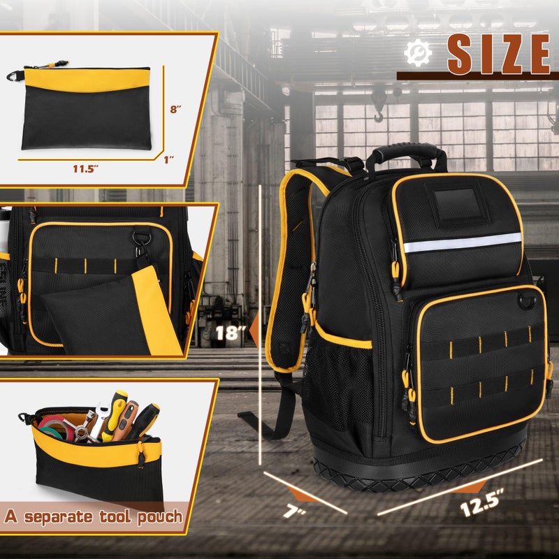 Marscamd Tool Backpack with Hard Bottom and a Tool Pouch, Heavy Duty Tool Bag with Multiple Pockets and Laptop Sleeve, Black - Image 5