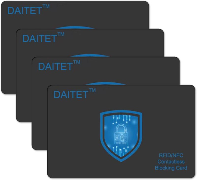 DAITET بطاقات حجب RFID للرجال والنساء، نحيفة، بدون تلامس، لحماية بطاقات البنك NFC وبطاقات الخصم وجواز السفر، حماية كاملة للمحفظة أو الحقيبة، أسود، عبوة من 4 قطع، تصميم بسيط - Image 1
