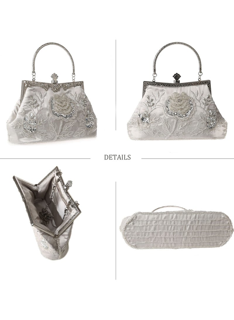Womens Vintage Floral Beaded Rhinestone Embroidery Clutch - Sequin Crossbody Bag Evening Handbag for Bridal Wedding Party Prom  - Image 3