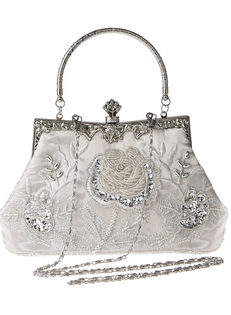 Womens Vintage Floral Beaded Rhinestone Embroidery Clutch - Sequin Crossbody Bag Evening Handbag for Bridal Wedding Party Prom  - Image 4