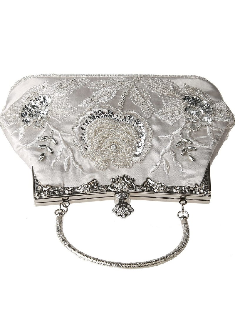 Womens Vintage Floral Beaded Rhinestone Embroidery Clutch - Sequin Crossbody Bag Evening Handbag for Bridal Wedding Party Prom  - Image 5
