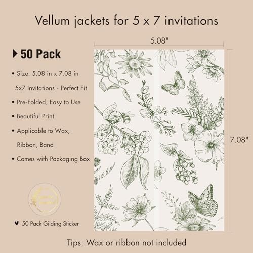 AZAZA 50 Pack Pre-Folded Vellum Jackets for 5x7 Invitations,AZAZA Elegant Translucent Invitation Sleeves,115GSM Vellum Jackets 5x7, Wedding Invitation Accessories, for Weddings Birthdays,Sage Green Toile - Image 2