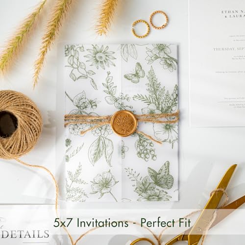 AZAZA 50 Pack Pre-Folded Vellum Jackets for 5x7 Invitations,AZAZA Elegant Translucent Invitation Sleeves,115GSM Vellum Jackets 5x7, Wedding Invitation Accessories, for Weddings Birthdays,Sage Green Toile - Image 4
