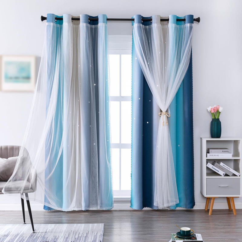indistar Star Blackout Curtains for Girls Kids Bedroom, Colourful Stripe Window Curtain Panels, 2 Layer Lace Drapes, Room Darkening Curtain for Living Room Decor, 1 Panelï¼ˆBlue W52 x L84 inchï¼‰ - Image 1