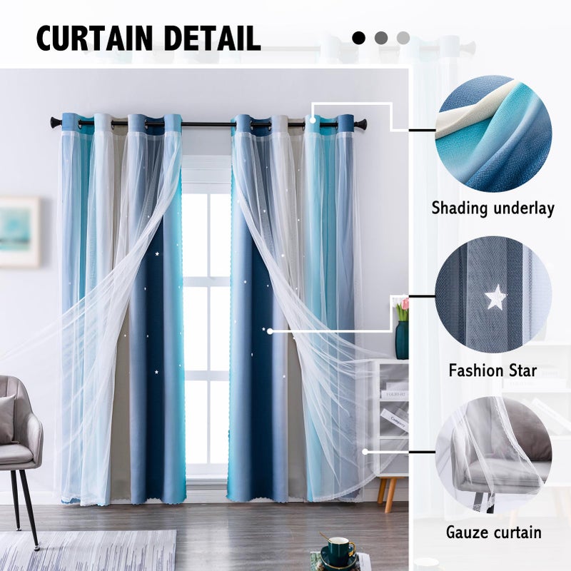 indistar Star Blackout Curtains for Girls Kids Bedroom, Colourful Stripe Window Curtain Panels, 2 Layer Lace Drapes, Room Darkening Curtain for Living Room Decor, 1 Panelï¼ˆBlue W52 x L84 inchï¼‰ - Image 5