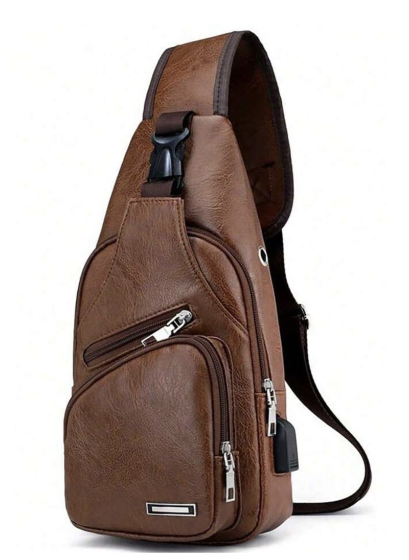 Generic Men's Hanging Bag, Leather Hanging Bag with USB Charging Port Waterproof Multi-Pocket Chest Bag for Men Daily Crossbody Bag  - Image 1