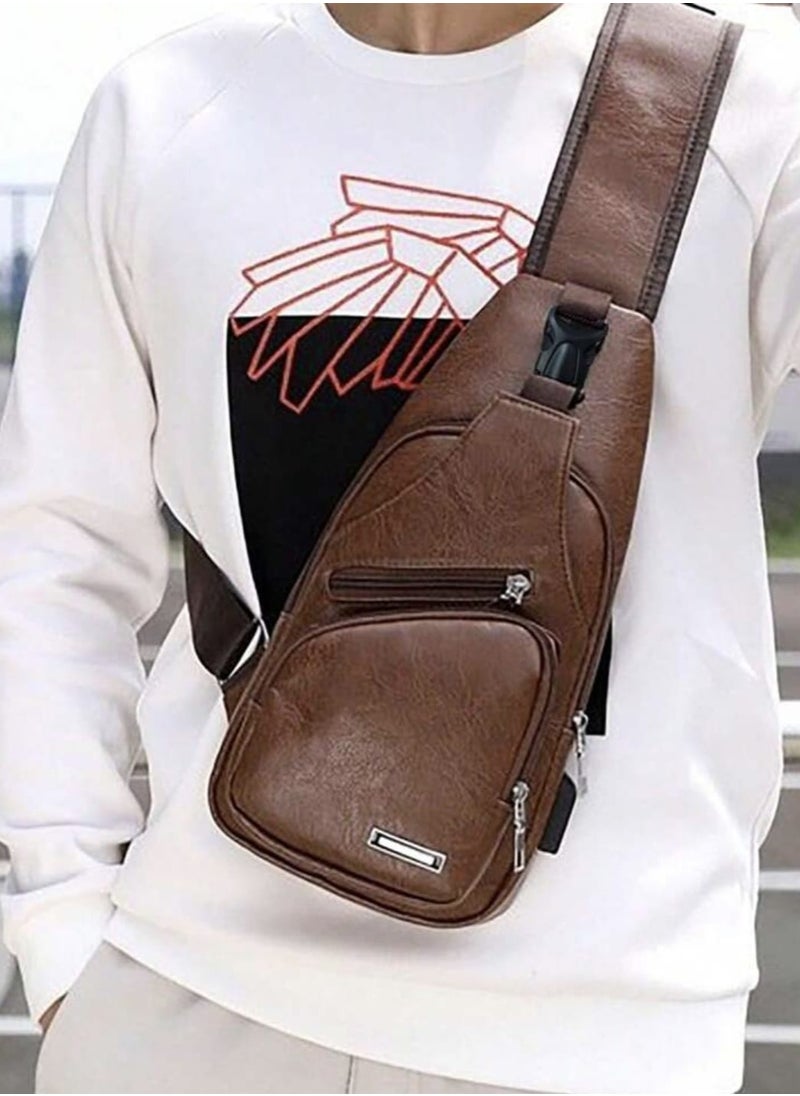 Generic Men's Hanging Bag, Leather Hanging Bag with USB Charging Port Waterproof Multi-Pocket Chest Bag for Men Daily Crossbody Bag  - Image 2