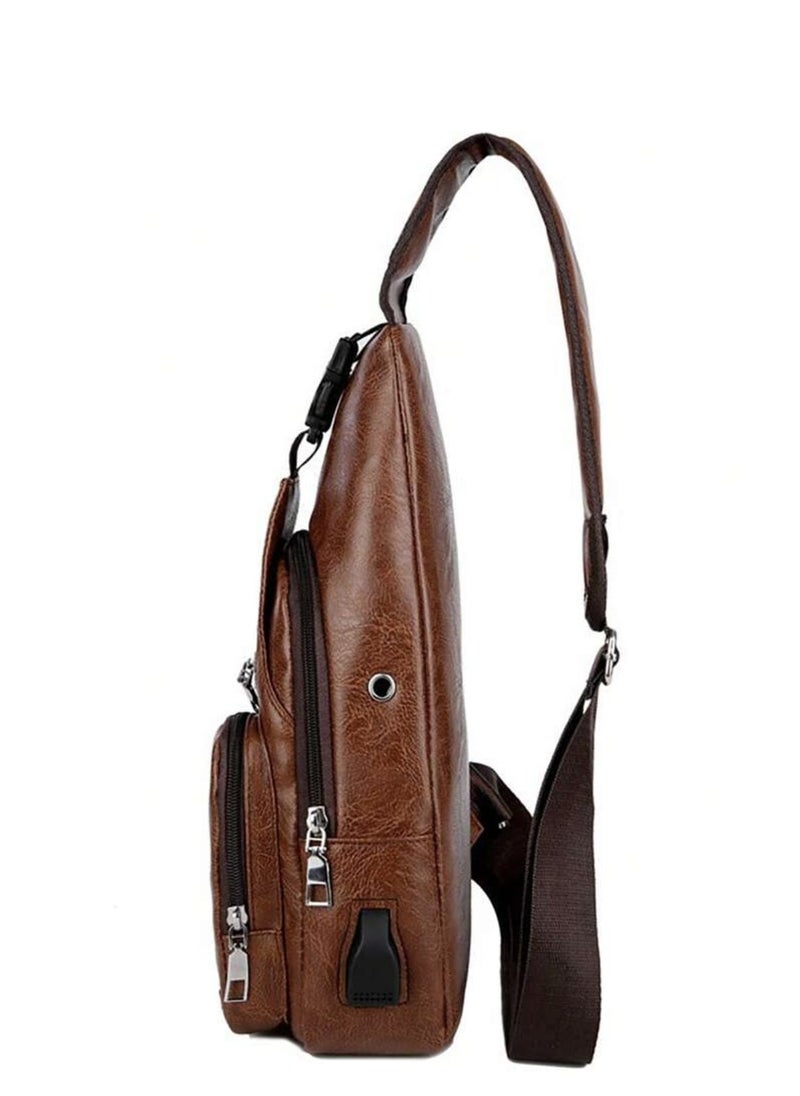 Generic Men's Hanging Bag, Leather Hanging Bag with USB Charging Port Waterproof Multi-Pocket Chest Bag for Men Daily Crossbody Bag  - Image 3