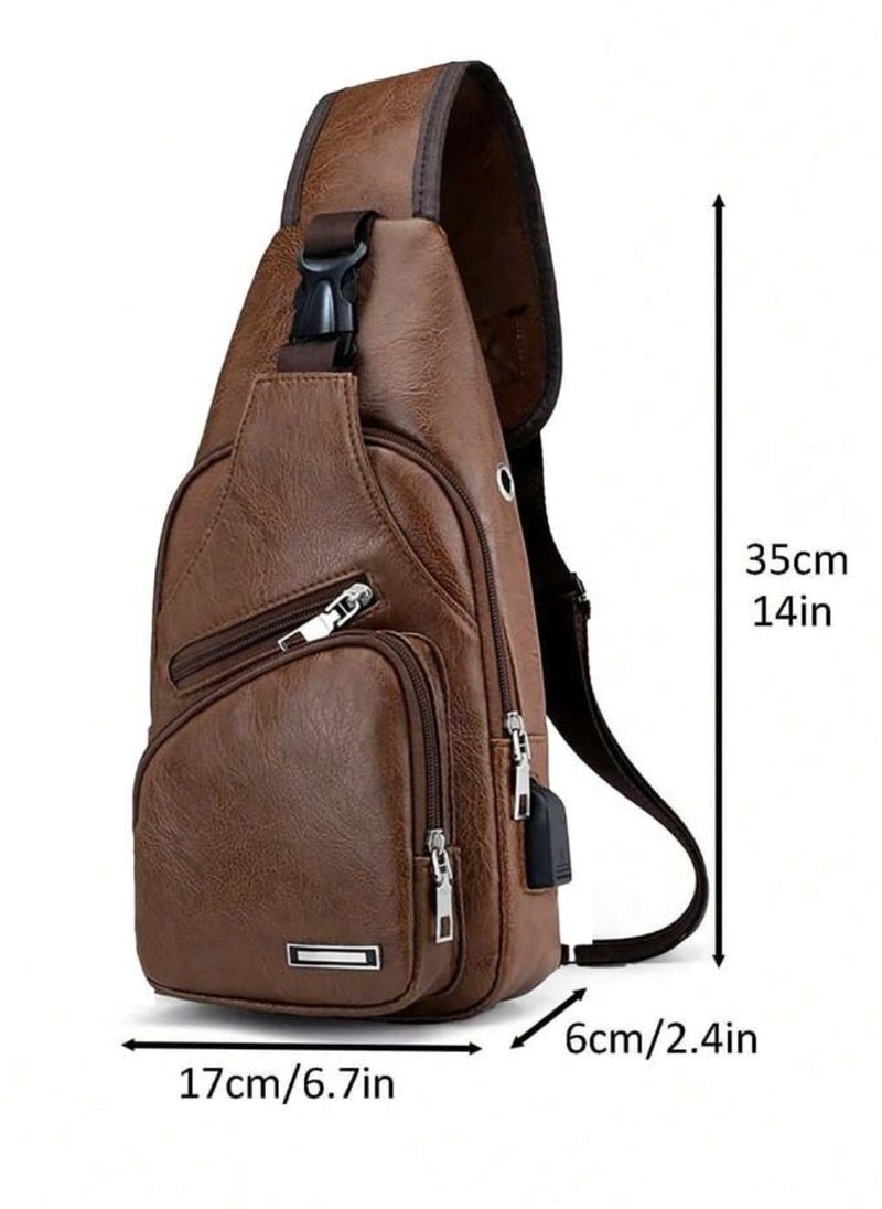Generic Men's Hanging Bag, Leather Hanging Bag with USB Charging Port Waterproof Multi-Pocket Chest Bag for Men Daily Crossbody Bag  - Image 4