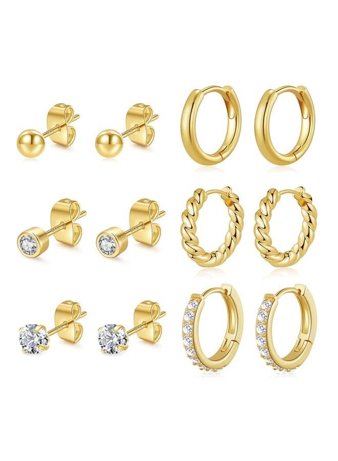 BMMYE 6 Pairs Small Gold Stud Earrings for Women 14K Gold Stud Earrings Set for Multiple Piercing Cartilage Sleeper Earring Tiny Mini Gold Huggie Hoop Earrings 925 Sterling Silver Hoop Earrings for - Image 1