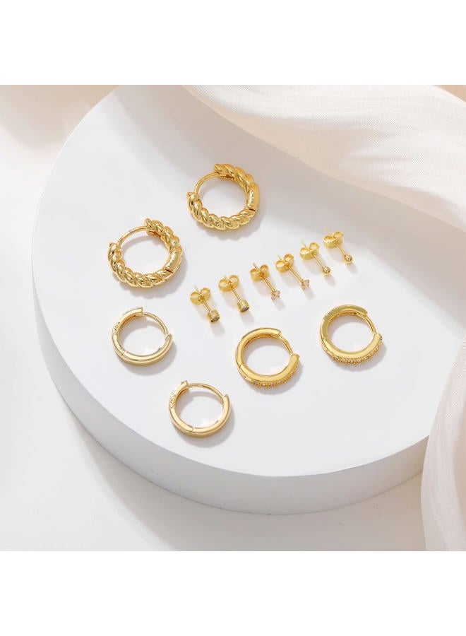 BMMYE 6 Pairs Small Gold Stud Earrings for Women 14K Gold Stud Earrings Set for Multiple Piercing Cartilage Sleeper Earring Tiny Mini Gold Huggie Hoop Earrings 925 Sterling Silver Hoop Earrings for - Image 5