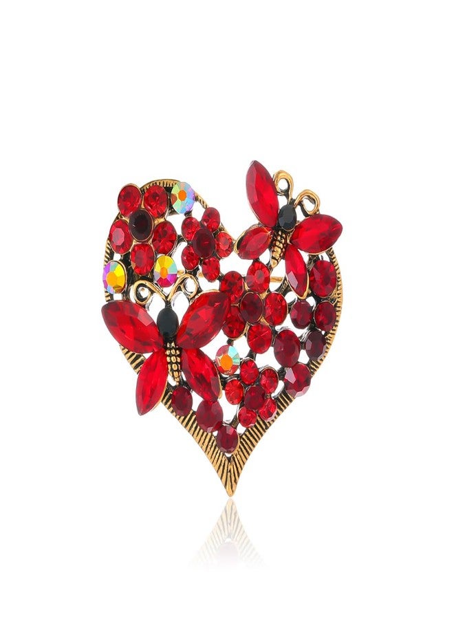 MarveBard Rhinestone Heart Brooch Sparkling Crystal Flower Brooch Pin Vintage Crystal Butterfly Pin Elegant Heart Insect Clothing Bags Hats Accessories Wedding Birthday Party Christmas Jewelry for Women (Red) - Image 1