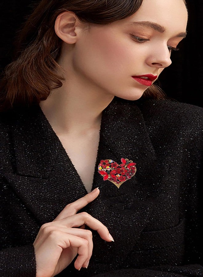 MarveBard Rhinestone Heart Brooch Sparkling Crystal Flower Brooch Pin Vintage Crystal Butterfly Pin Elegant Heart Insect Clothing Bags Hats Accessories Wedding Birthday Party Christmas Jewelry for Women (Red) - Image 2