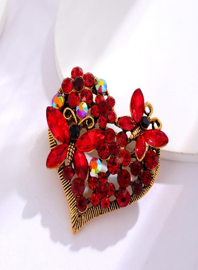 MarveBard Rhinestone Heart Brooch Sparkling Crystal Flower Brooch Pin Vintage Crystal Butterfly Pin Elegant Heart Insect Clothing Bags Hats Accessories Wedding Birthday Party Christmas Jewelry for Women (Red) - Image 3