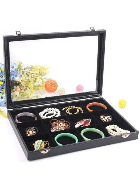 صينية عرض مجوهرات قابلة للإزالة من بادوم قابلة للتكديس للأقراط والدبابيس والأزرار والخواتم والقلائد من المخمل الأسود 12 شبكة