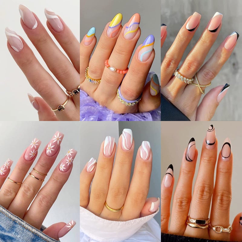6 Packs 144 Pcs Press on Nails Medium Design Misssix Fake Nails Almond and Square Glue on Nails Set with Adhesive Tabs Nail File Acrylic False Nail Kits for Women