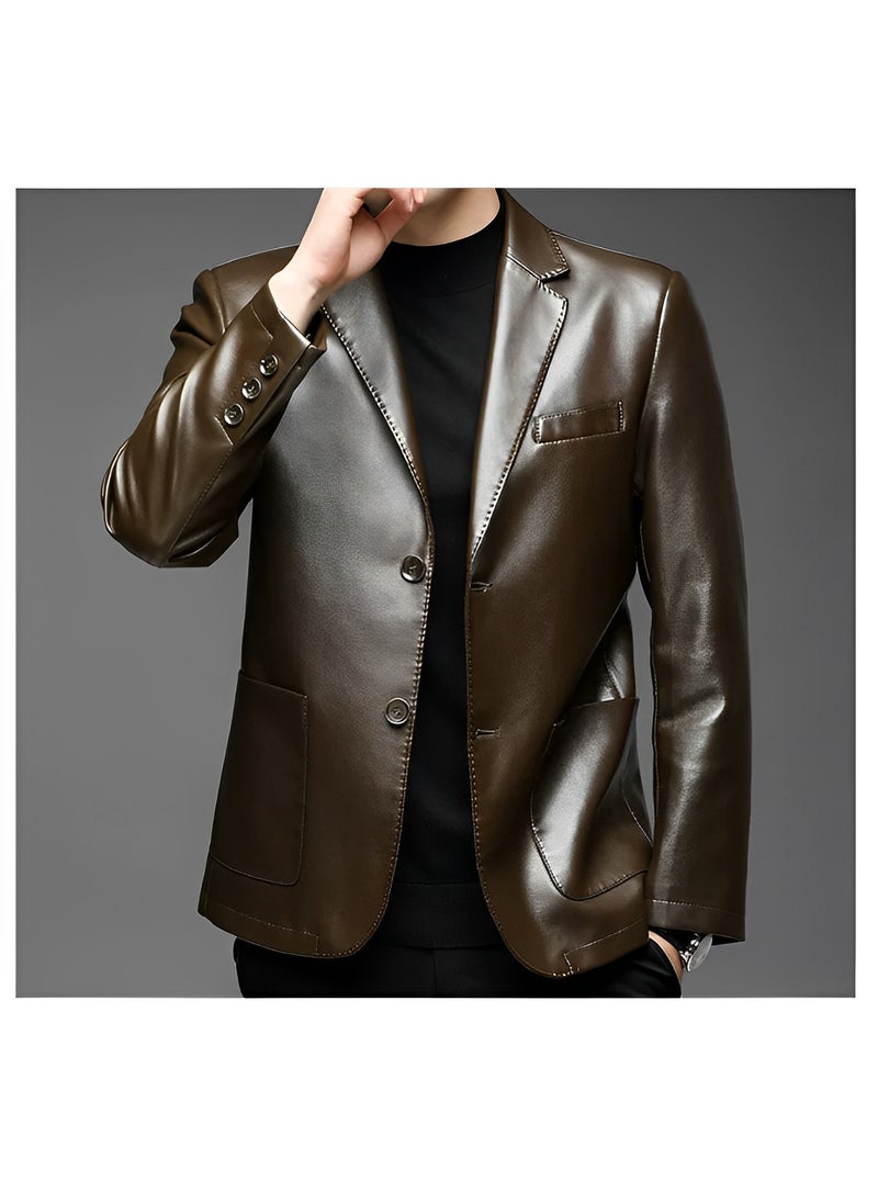 REOCLE - Men's Leather Blazer Classic 2-Button Leather Blazer Casual Coat Long Sleeves Suit Style Leather Jacket - Image 1