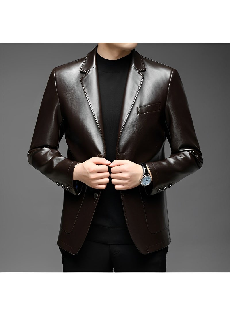 REOCLE - Men's Leather Blazer Classic 2-Button Leather Blazer Casual Coat Long Sleeves Suit Style Leather Jacket - Image 1