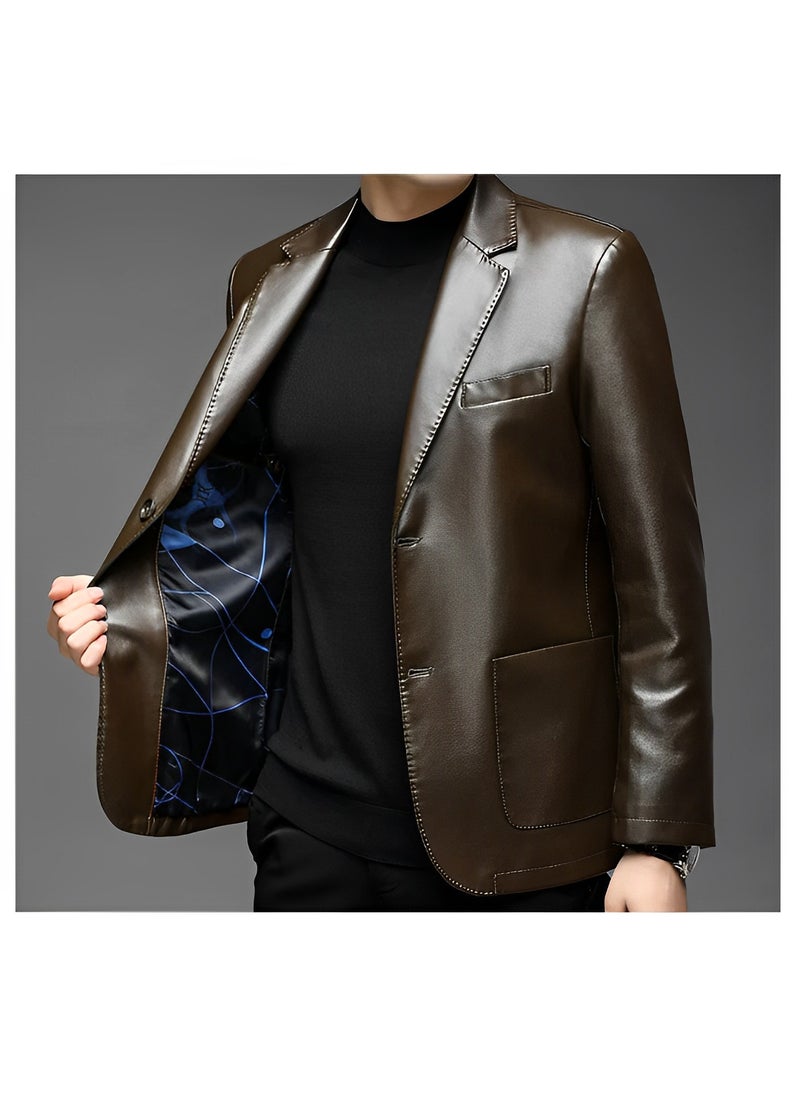 REOCLE - Men's Leather Blazer Classic 2-Button Leather Blazer Casual Coat Long Sleeves Suit Style Leather Jacket - Image 1