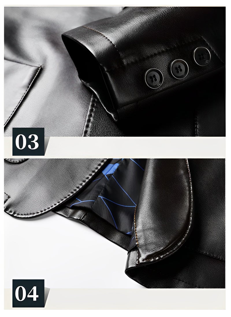 REOCLE - Men's Leather Blazer Classic 2-Button Leather Blazer Casual Coat Long Sleeves Suit Style Leather Jacket - Image 1
