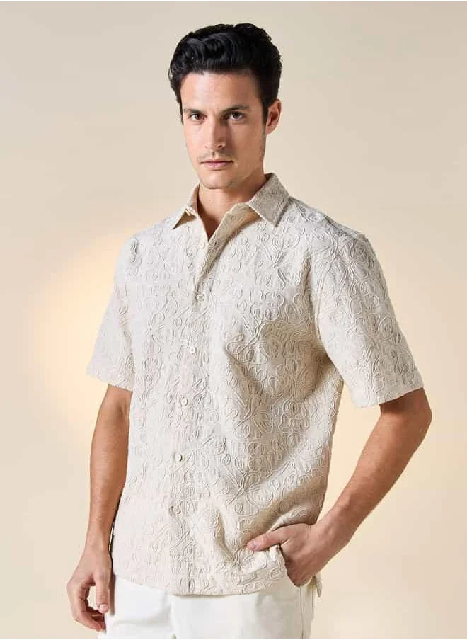 ايكونيك Iconic Embroidered Shirt with Short Sleeves and Button Closure