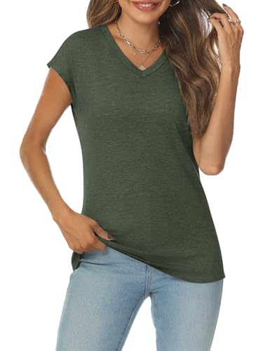 AUTOMET Womens V Neck T Shirts Spring Summer Cap Sleeve Basic Tees Trendy Cute Tops for Work Dressy Casual Beach Vacation Army Green XS - Image 3