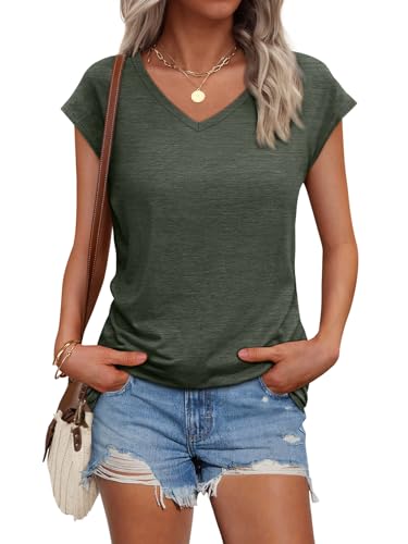AUTOMET Womens V Neck T Shirts Spring Summer Cap Sleeve Basic Tees Trendy Cute Tops for Work Dressy Casual Beach Vacation Army Green XS - Image 1