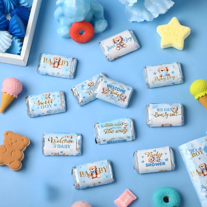 Clabby 90 Pcs Blue Bear Baby Shower Candy Wrappers,Mini Candy Bar Miniatures Wrappers Chocolate Bar Label Stickers for Baby Shower Decor - Image 5