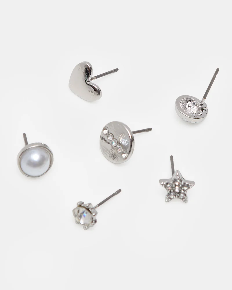 REDTAG Women Silver Embellished 6 Piece Stud Earrings Set