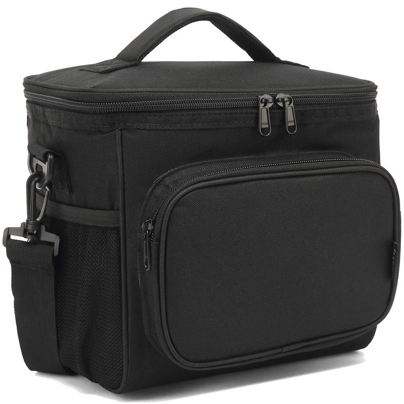 FlowFly Insulated Reusable Lunch Bag Adult Large Lunch Box for Women and Men with Adjustable Shoulder StrapFront Zipper Pocket and Dual Large Mesh Side Pockets Black