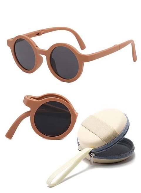 Foldable Sunglasses With Bag For Kids, Round Folding Easy Carry Foldable Shades UV400 Protection Lens, Sun Protection Sunglasses Suitable for Summer Outdoor Beach Travel Camping - Coffee