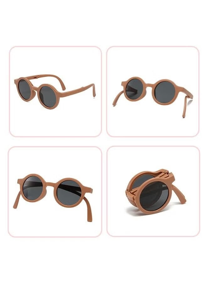 YJ Foldable Sunglasses With Bag For Kids, Round Folding Easy Carry Foldable Shades UV400 Protection Lens, Sun Protection Sunglasses Suitable for Summer Outdoor Beach Travel Camping - Coffee - Image 4