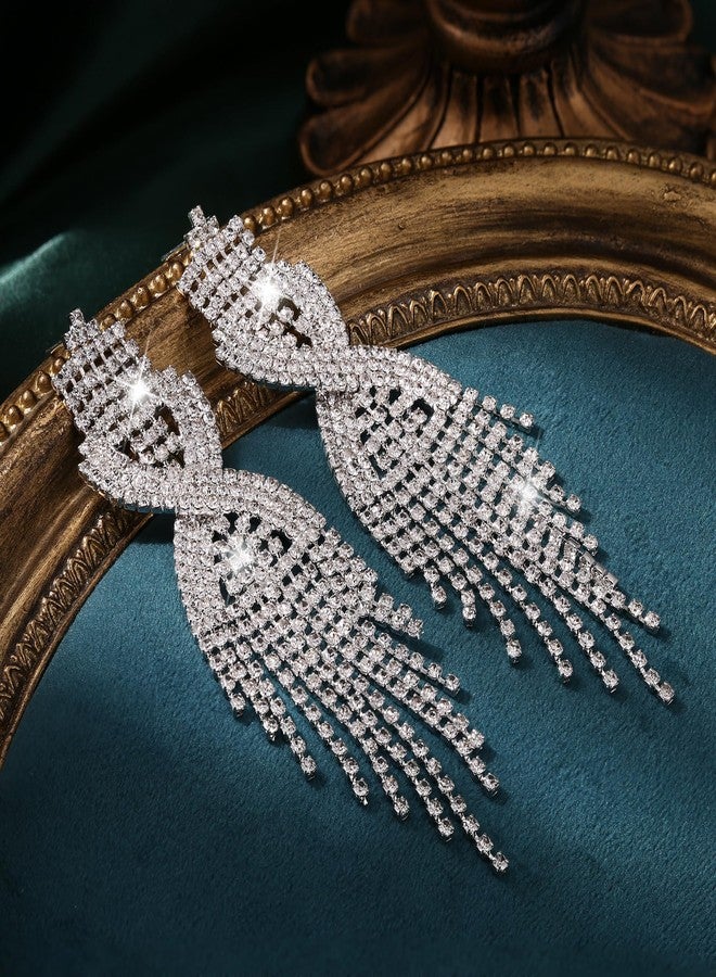 Sllaiss Rhinestone Bridal Jewelry Set for Women Sparkling Rhinestone Stretch Bracelet Ring Dangle Tassel Earrings Set Costume Jewelry (Set 01) - Image 5